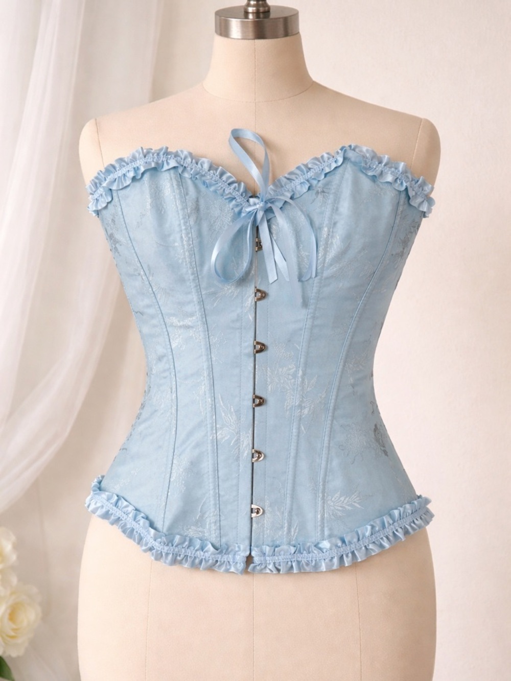 Blue Satin Corset Top Fairycore Coquette Bustier Lace Trim S